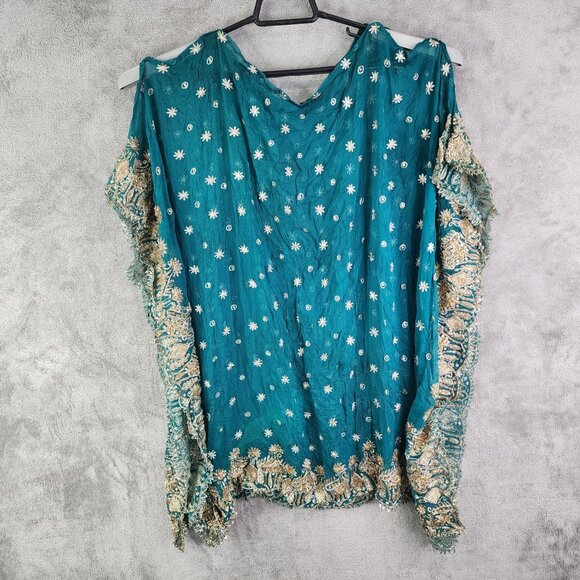 Handcrafted Teal & Gold Embroidered Sheer Shawl With Floral Motifs - Picture 6 of 9